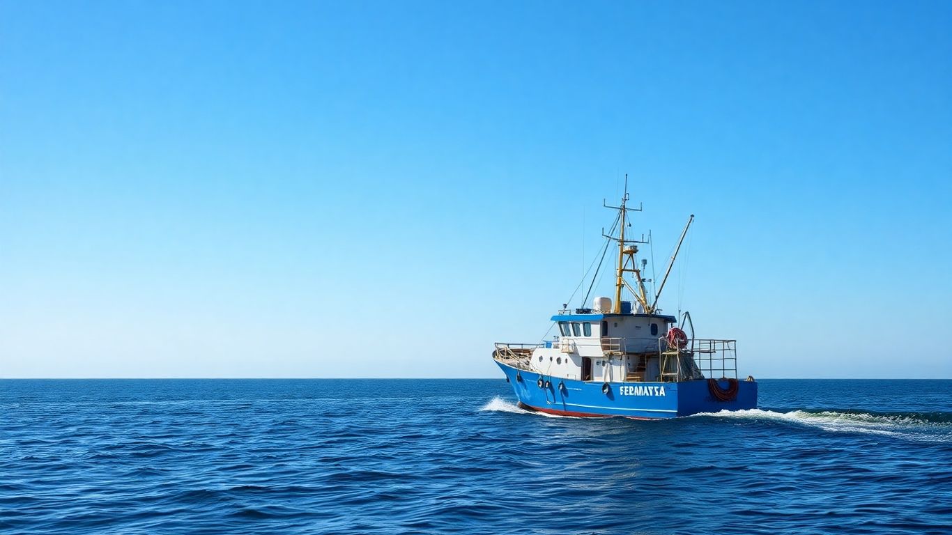 Fischerboot auf dem Meer mit Netzen