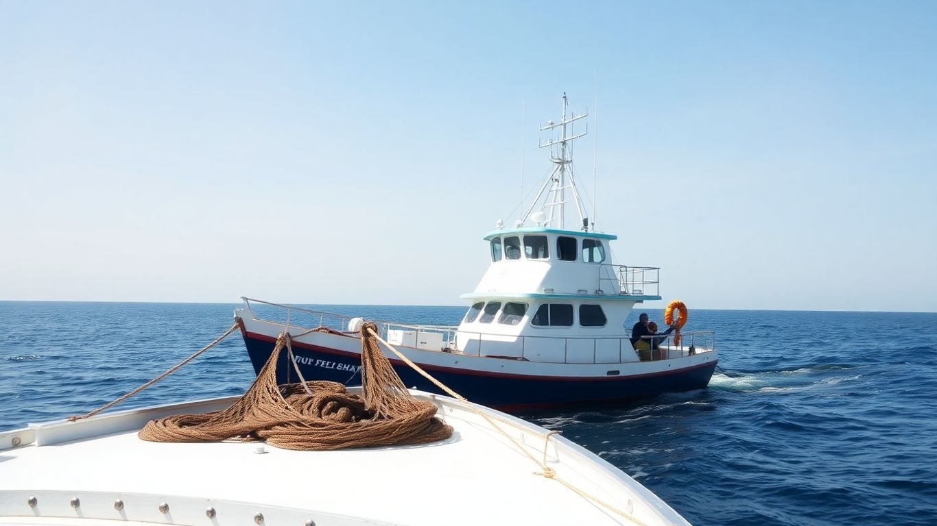 Fischerboot auf dem Meer mit Netzen an Deck.