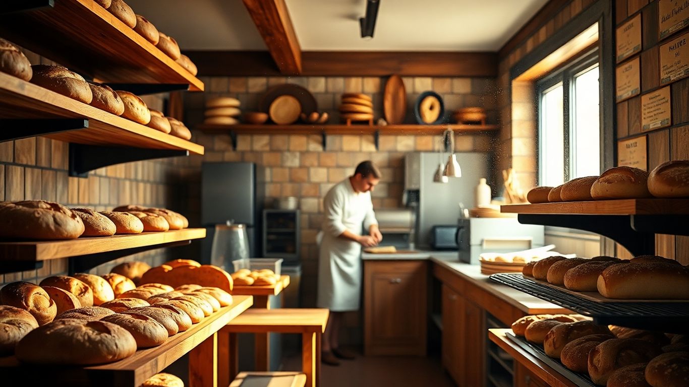 Bäckerei mit Brot und Gebäck auf Holzböden.
