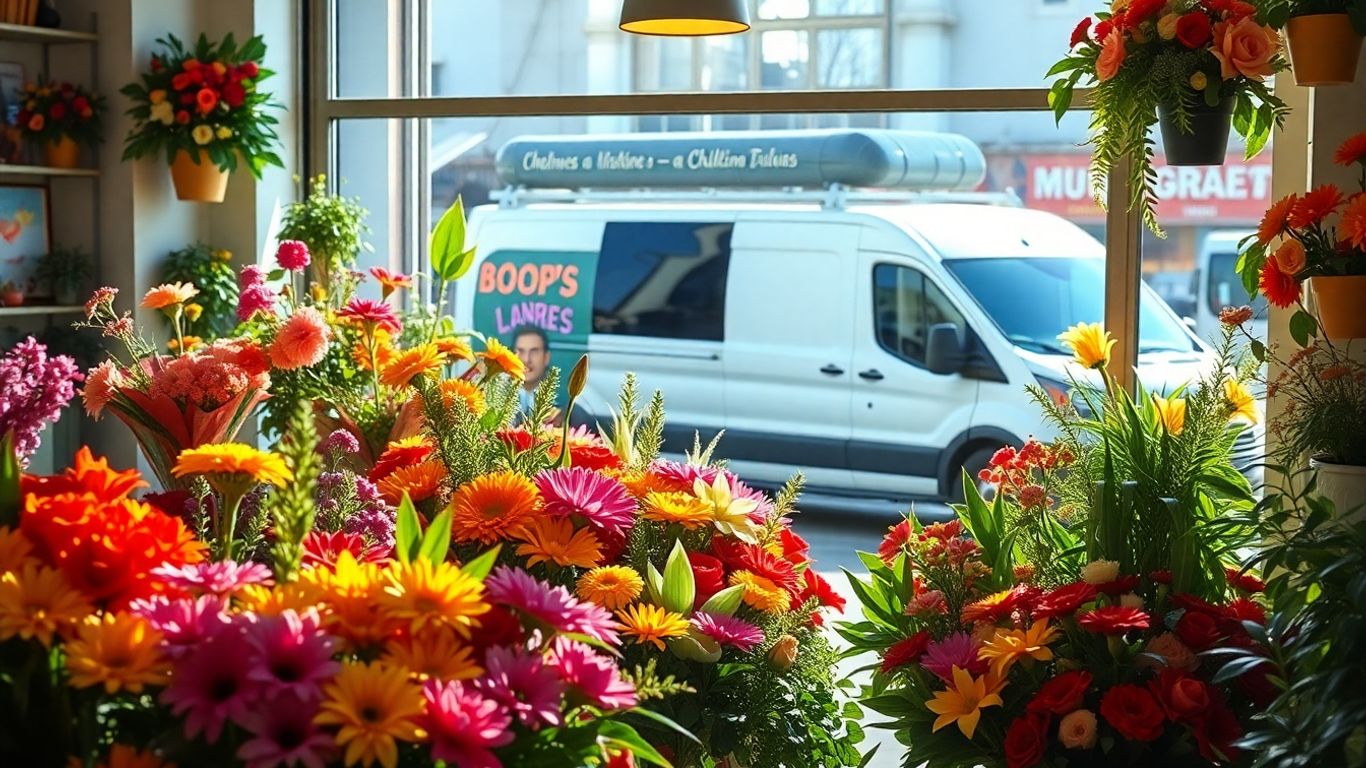 Blumenladen mit Lieferwagen und bunten Blumensträußen.