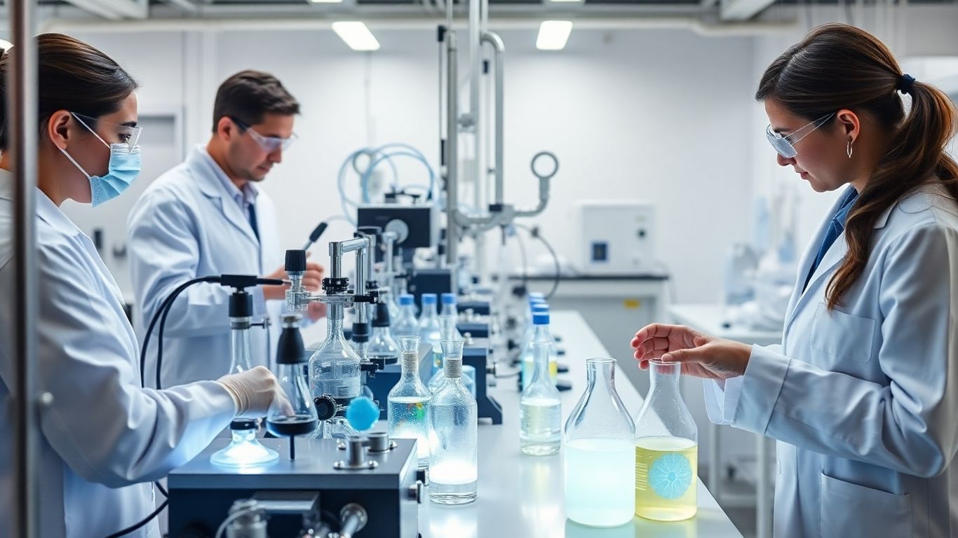 Biotech-Labor mit Wissenschaftlern und Ausrüstung