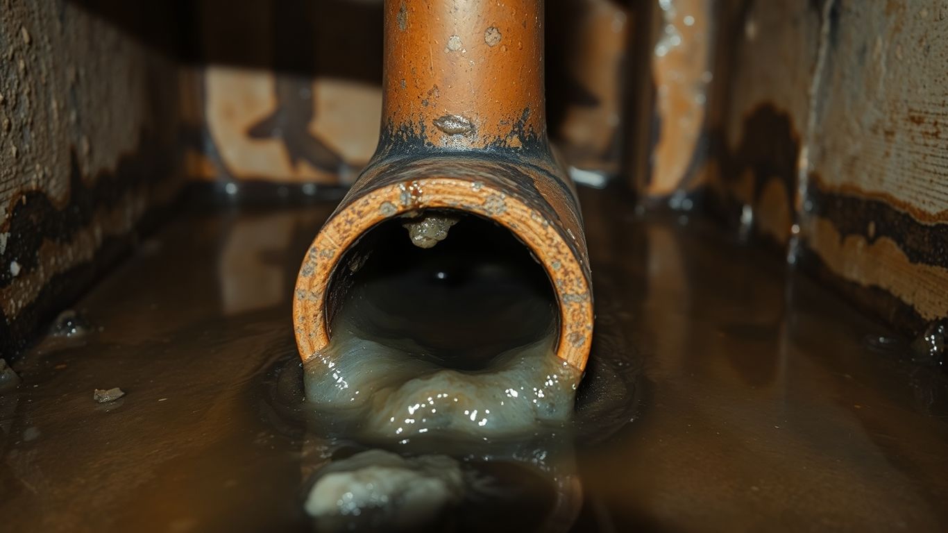 Beschädigtes Rohr mit Abwasser und Umweltschäden