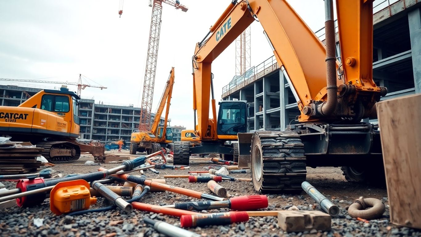 Baustelle mit schweren Maschinen und Werkzeugen