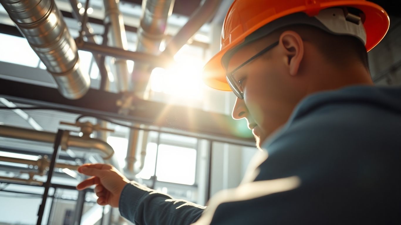 Gebäudetechnik: Rohre, Leitungen und ein Arbeiter im Helm.