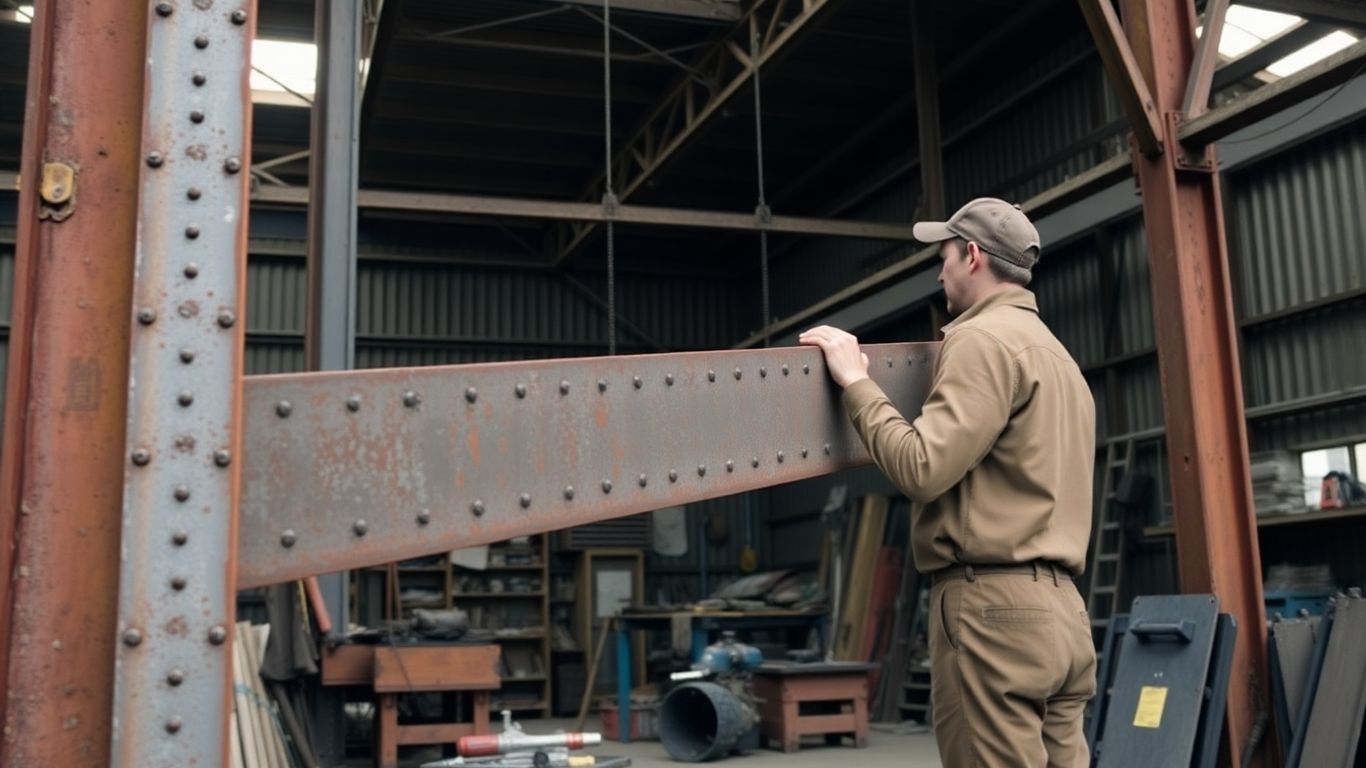 Metallbauer in Werkstatt mit Werkzeugen und Metallteilen.