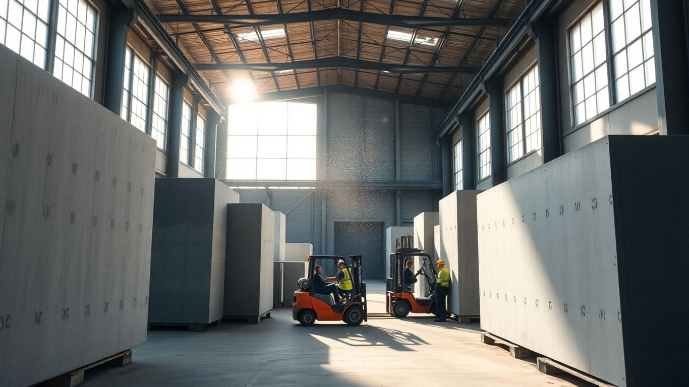 Fertigteilwerk mit Betonfertigteilen und Arbeitern