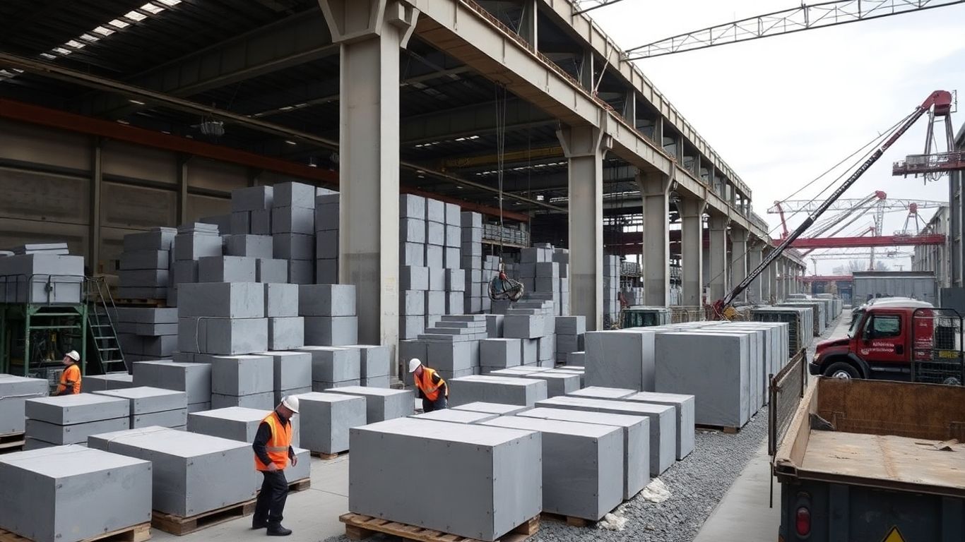 Fertigteilwerk mit Betonfertigteilen und Transportfahrzeugen.