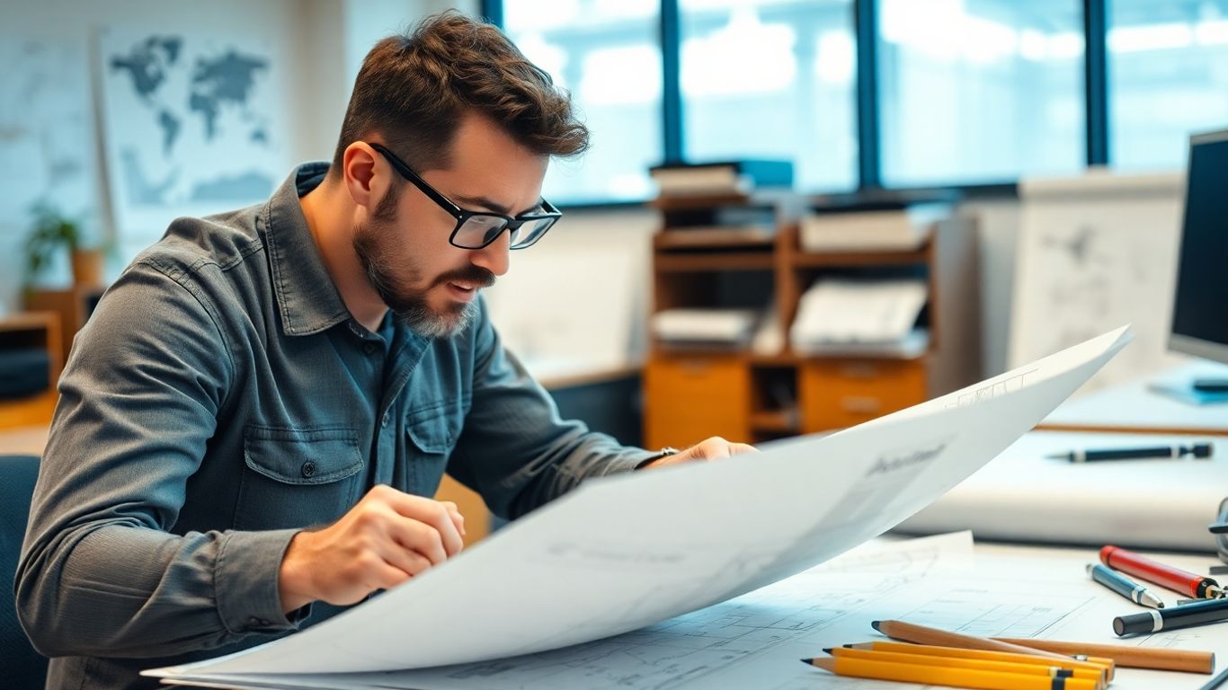 Ingenieur prüft Baupläne im Büro