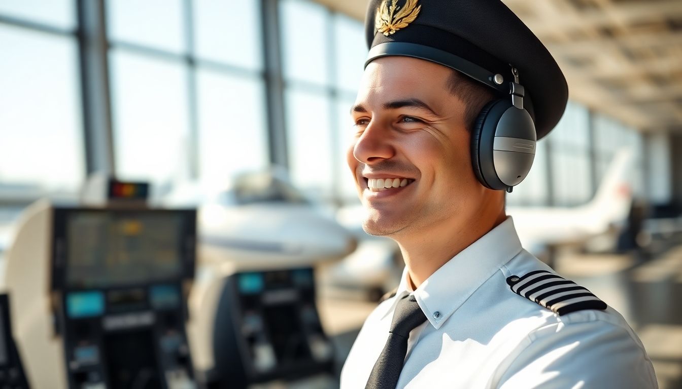 Pilot smiling in a bright airport environment.