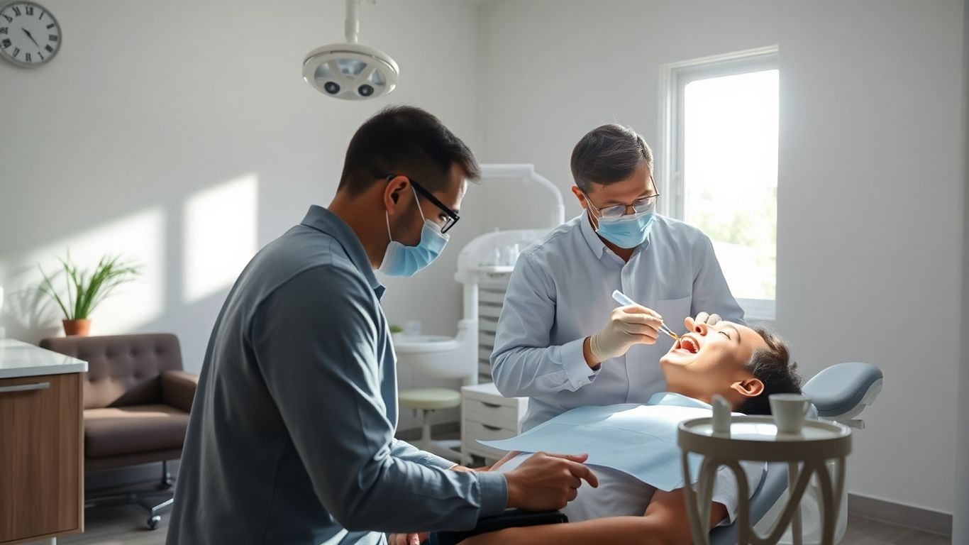 Zahnarztpraxis mit Patient und Zahnarzt bei der Untersuchung.
