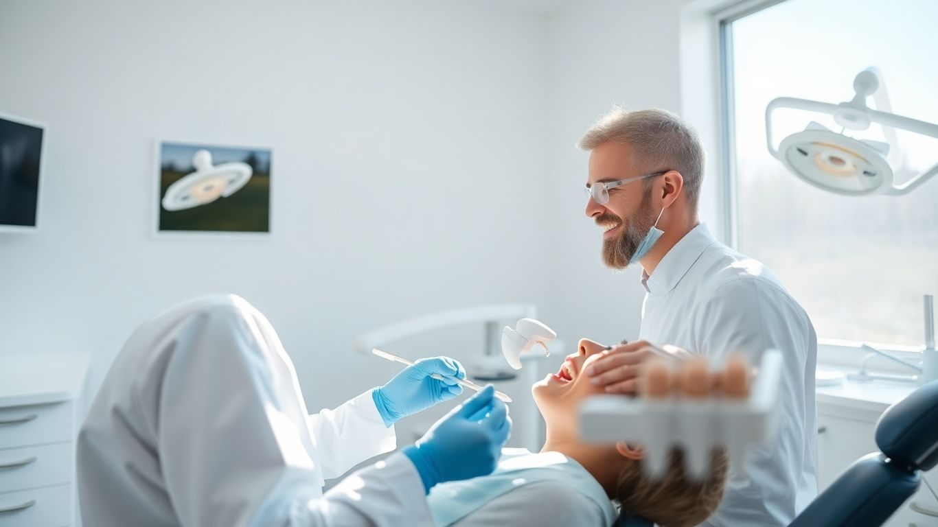 Zahnarzt untersucht Patientenzähne in heller Praxis.