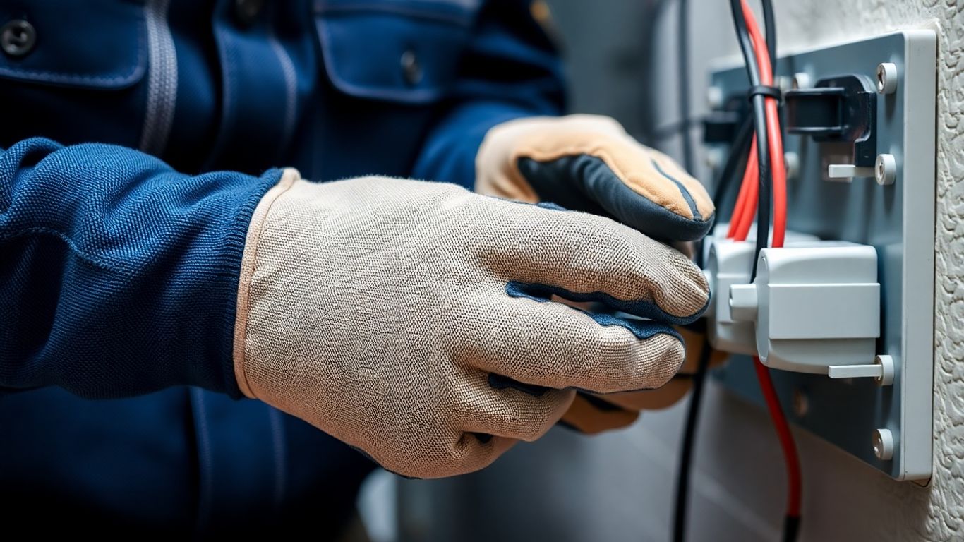 Elektroinstallateur bei der Arbeit mit Kabeln und Werkzeug.