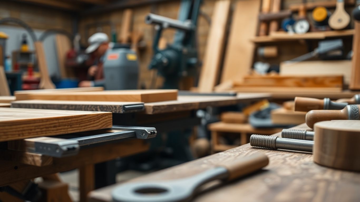 Holzbearbeitungswerkstatt mit Werkzeugen und Holz