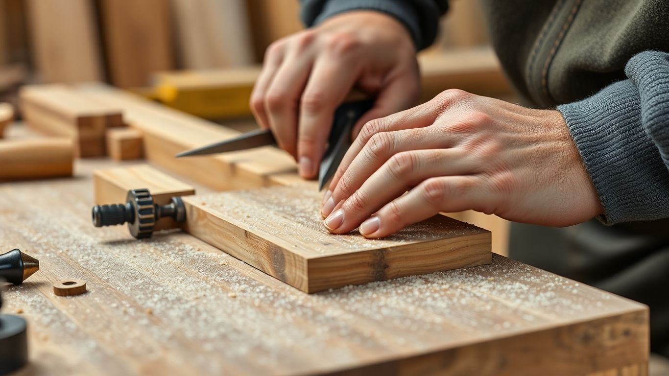 Hände eines Tischlers bearbeiten Holz mit Werkzeugen.