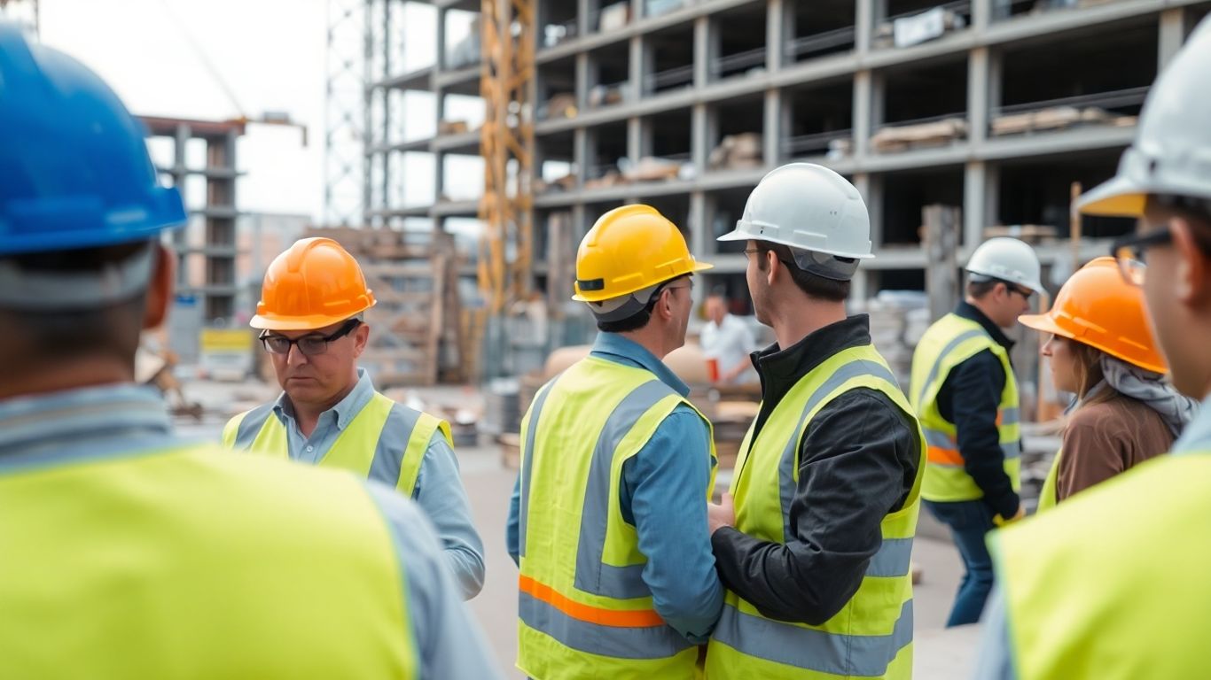 Baufirma auf Baustelle mit Arbeitern und Ausrüstung