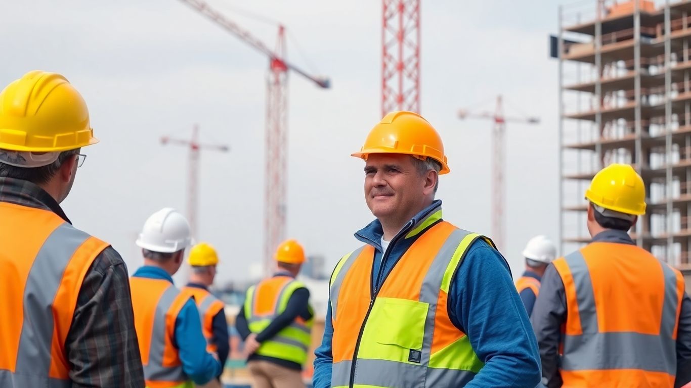 Baufirma auf Baustelle mit Arbeitern und Ausrüstung