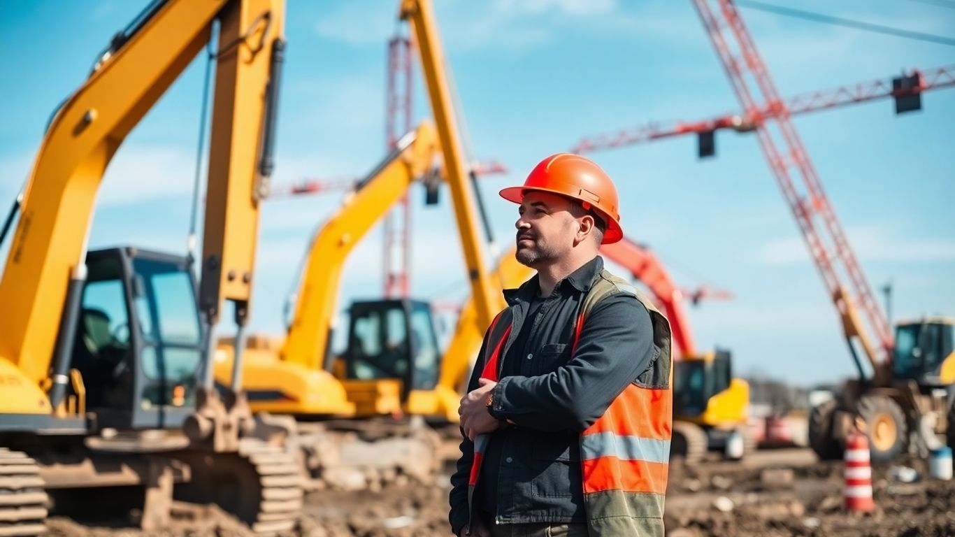 Baustelle mit schweren Baumaschinen und einem Arbeiter
