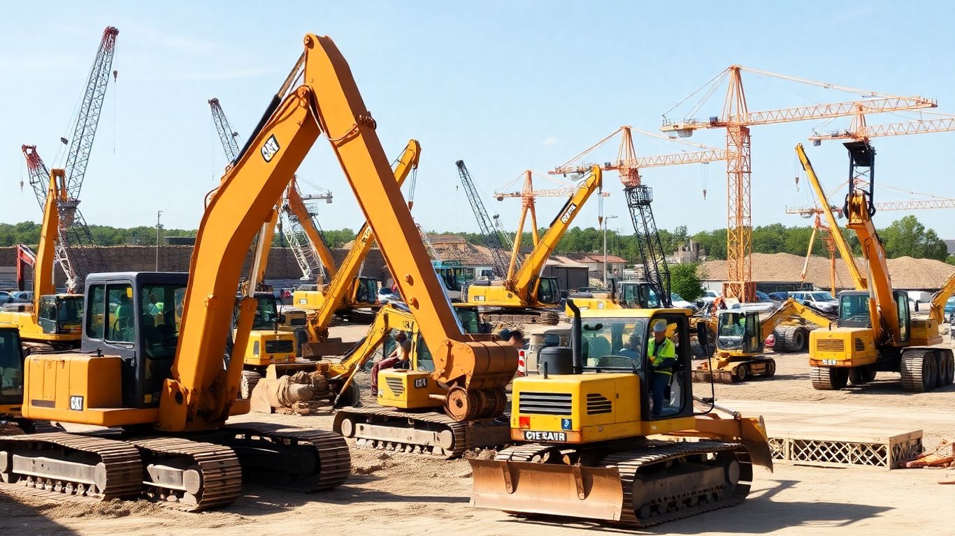Baustelle mit schweren Baumaschinen und Arbeitern