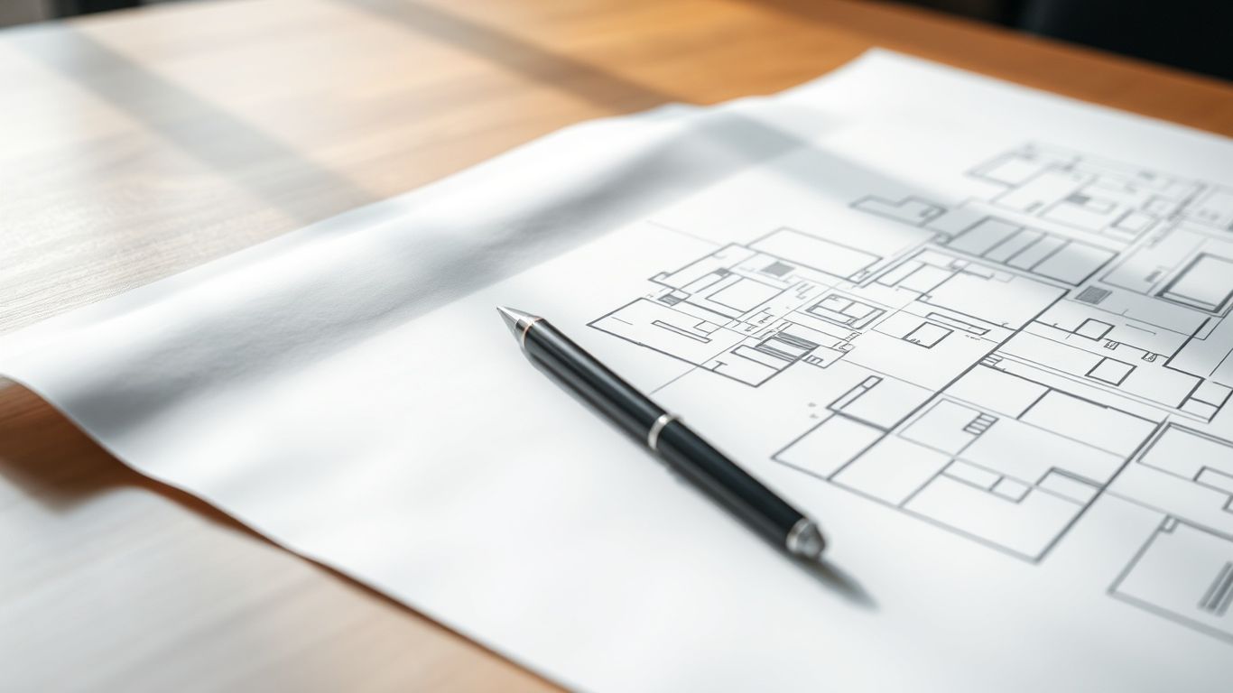 Architekturbüro mit Blaupause und Stift