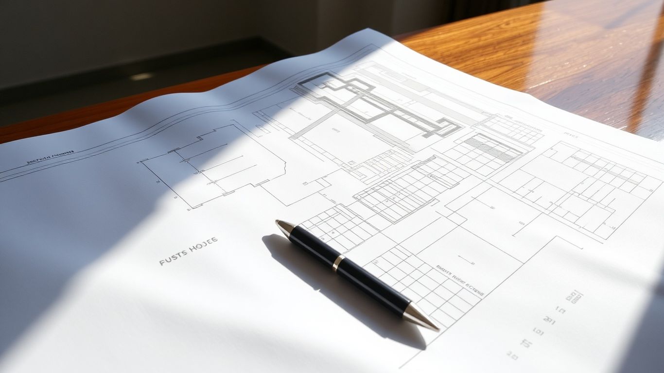Architekturbüro mit Bauplänen und Stift auf dem Schreibtisch.