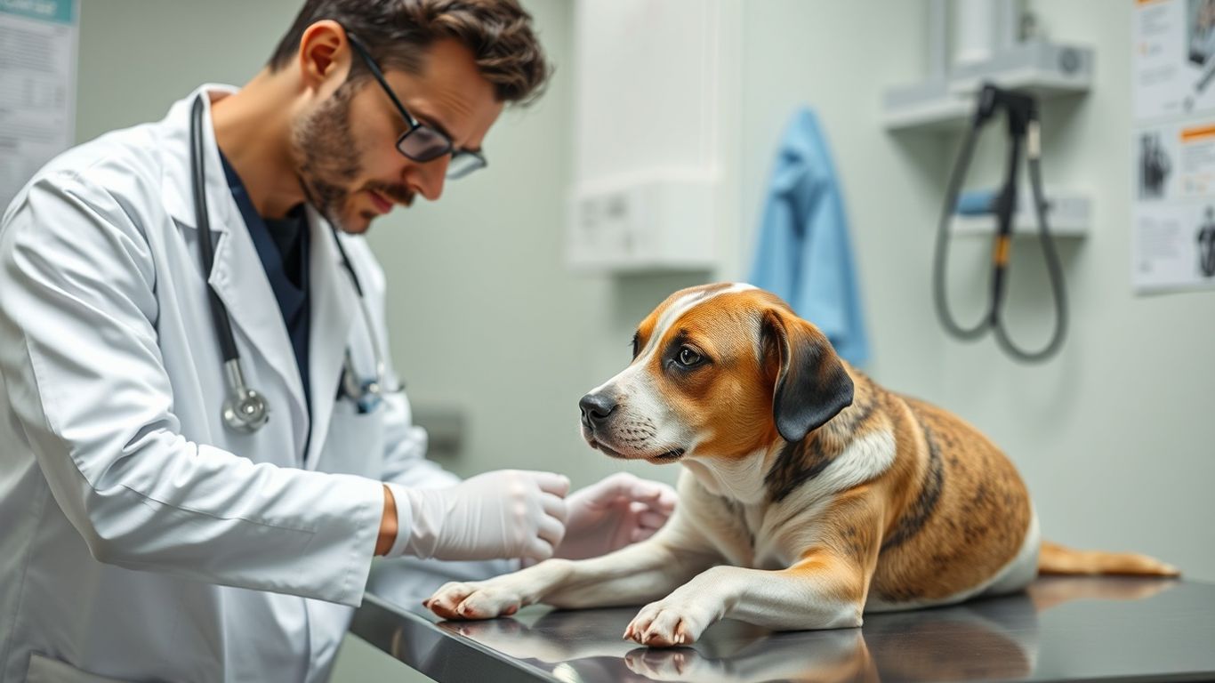 Tierarzt untersucht Hund auf einem Untersuchungstisch.
