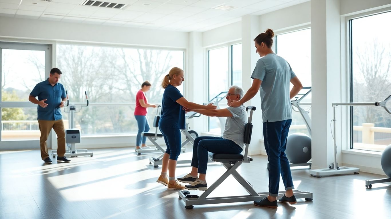 Rehabilitationsklinik mit Patienten und Therapeuten bei der Übung.