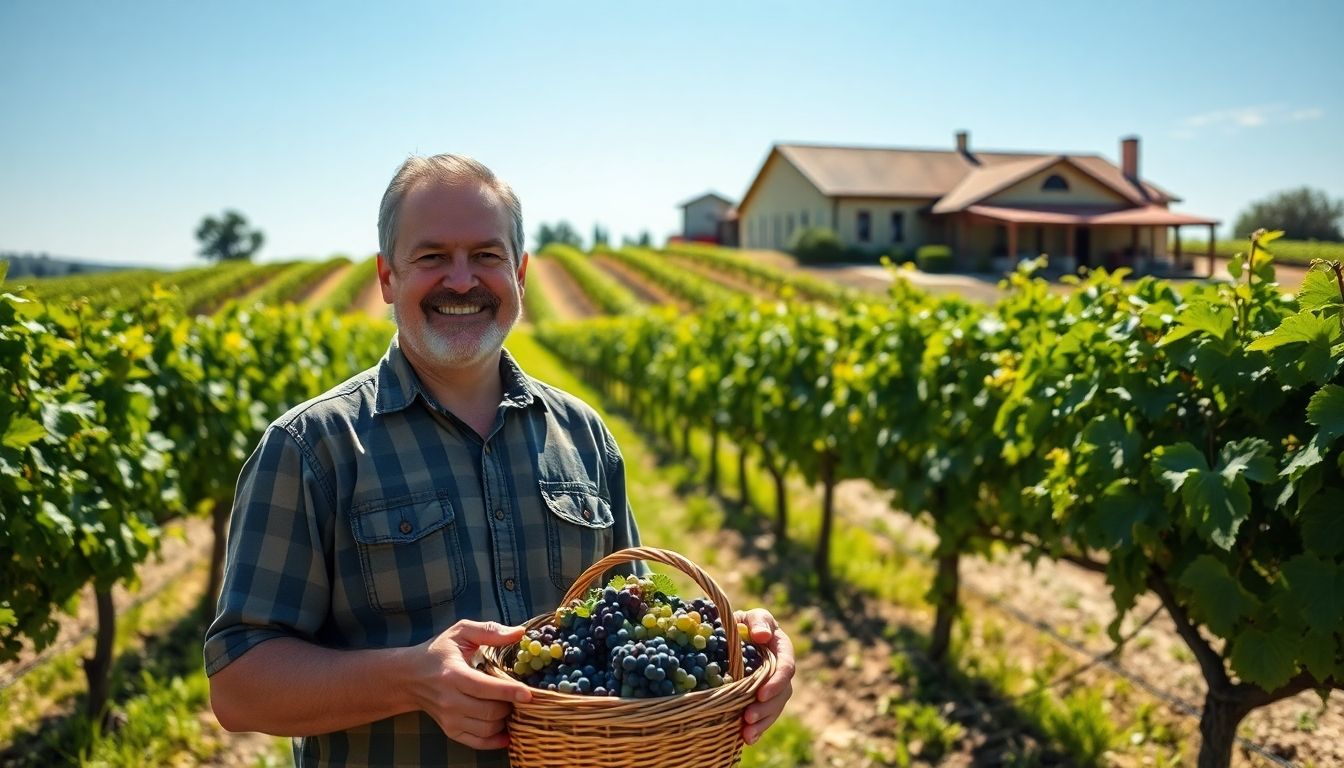 Smiling vintner in a vineyard with grapes.