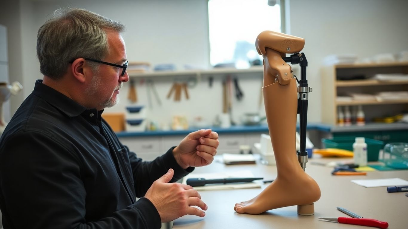 Orthopädietechniker berät Kunden über Prothesen in Werkstatt.