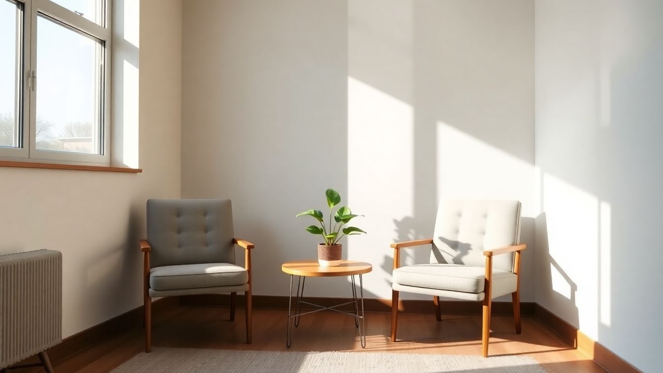 Moderne Logopädie-Praxis mit zwei Stühlen und Sonnenlicht.