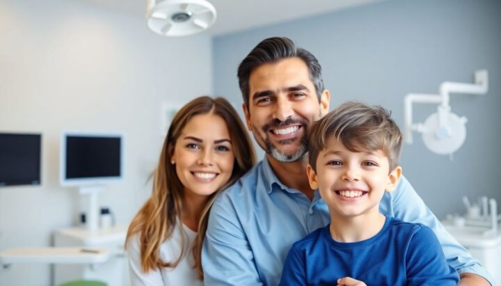 Smiling family in a modern medical office.