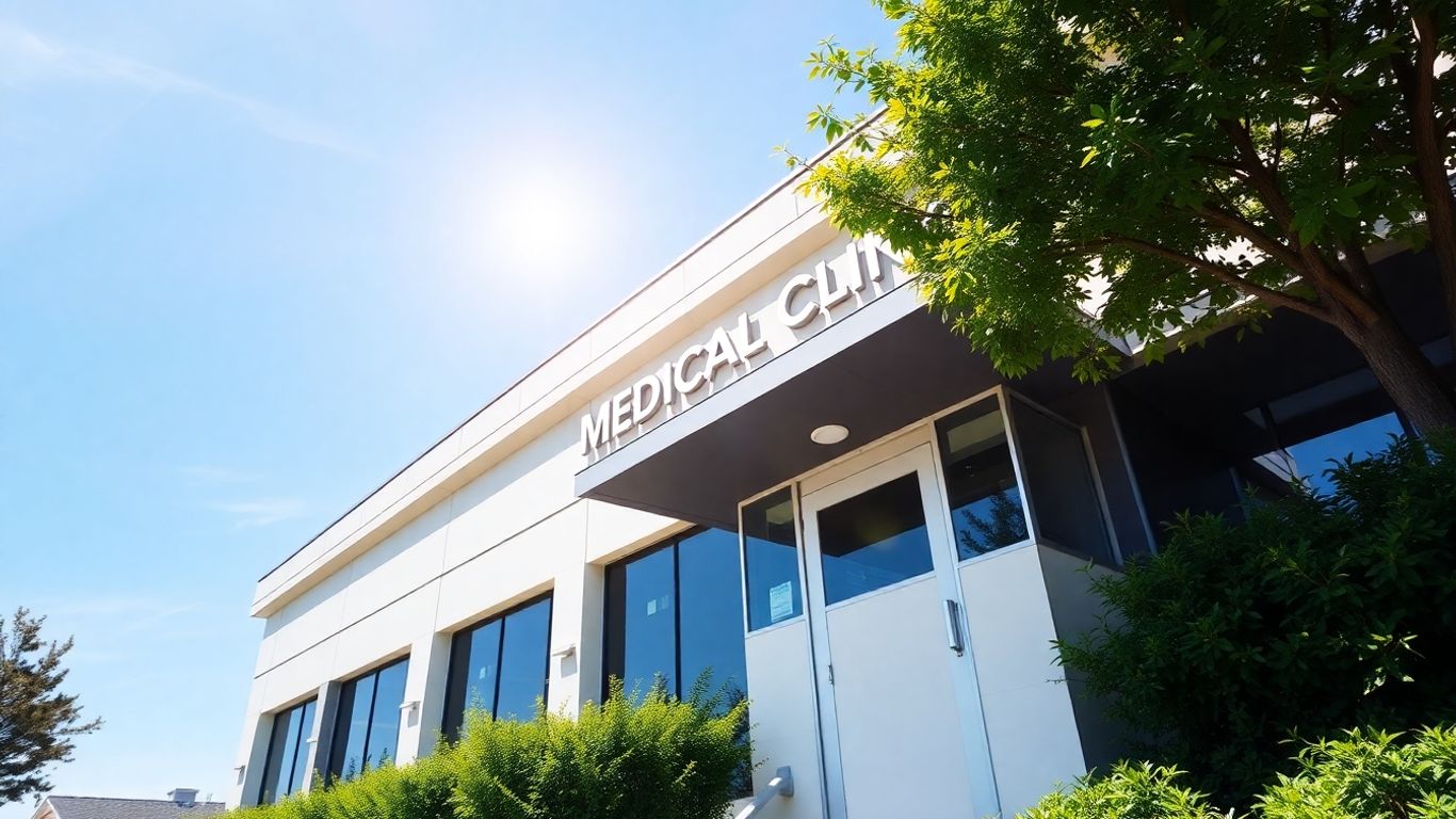 Moderne Klinik mit blauem Himmel und Grünpflanzen.