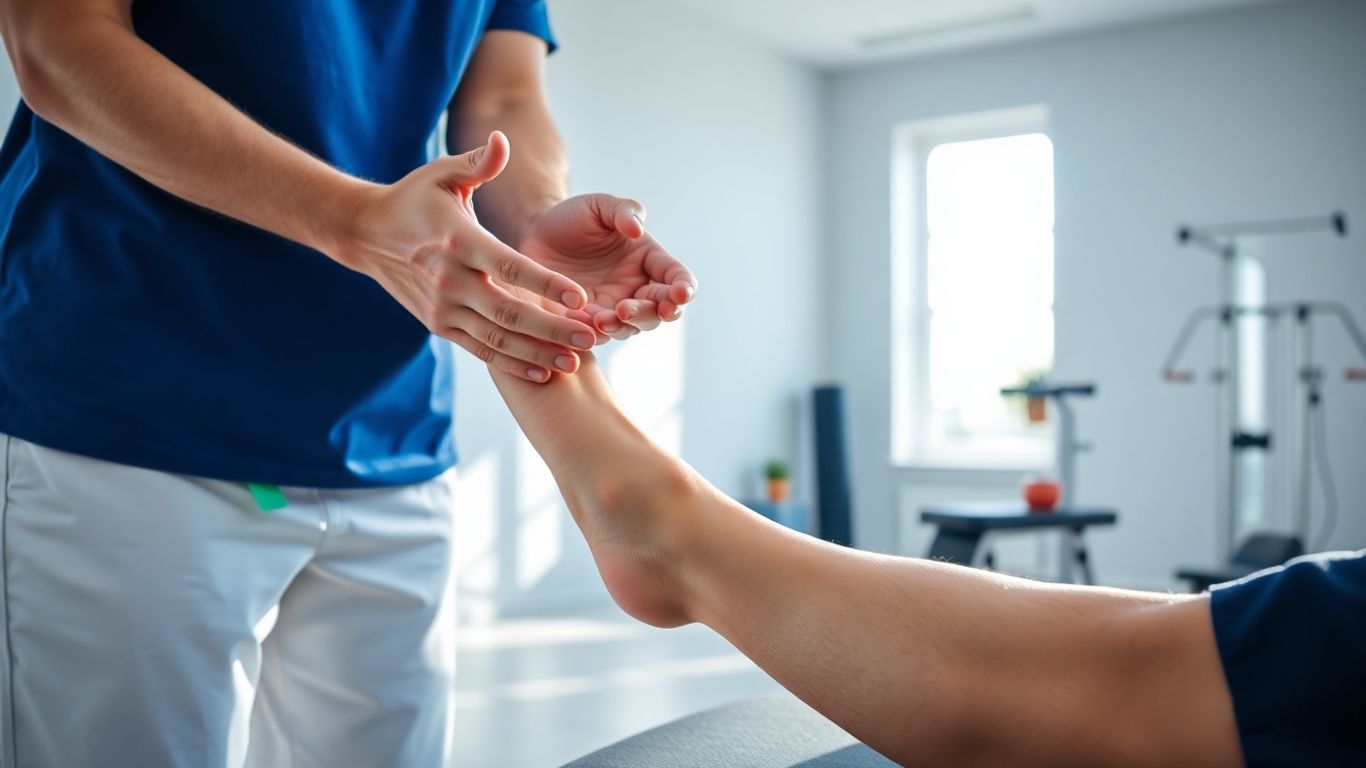 Physiotherapeut behandelt Bein eines Patienten im Behandlungsraum.