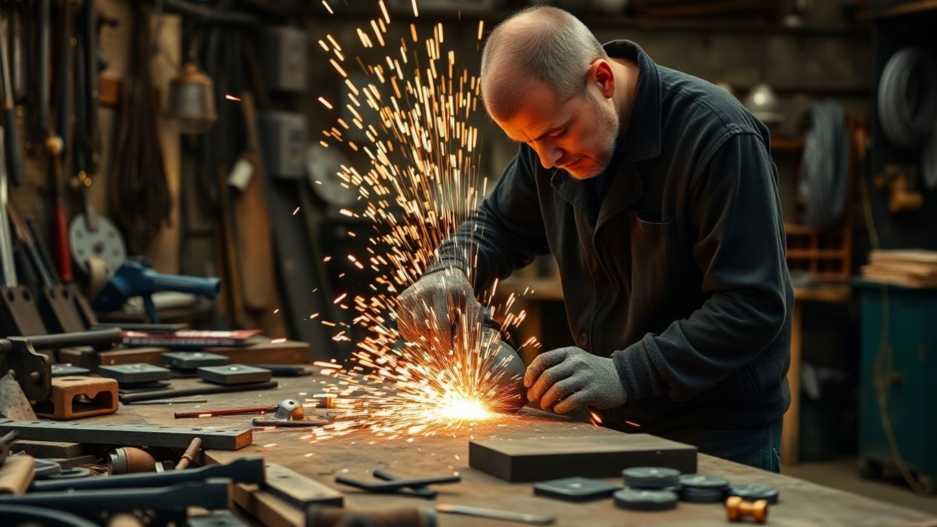 Metallarbeiter in Werkstatt mit Funkenflug