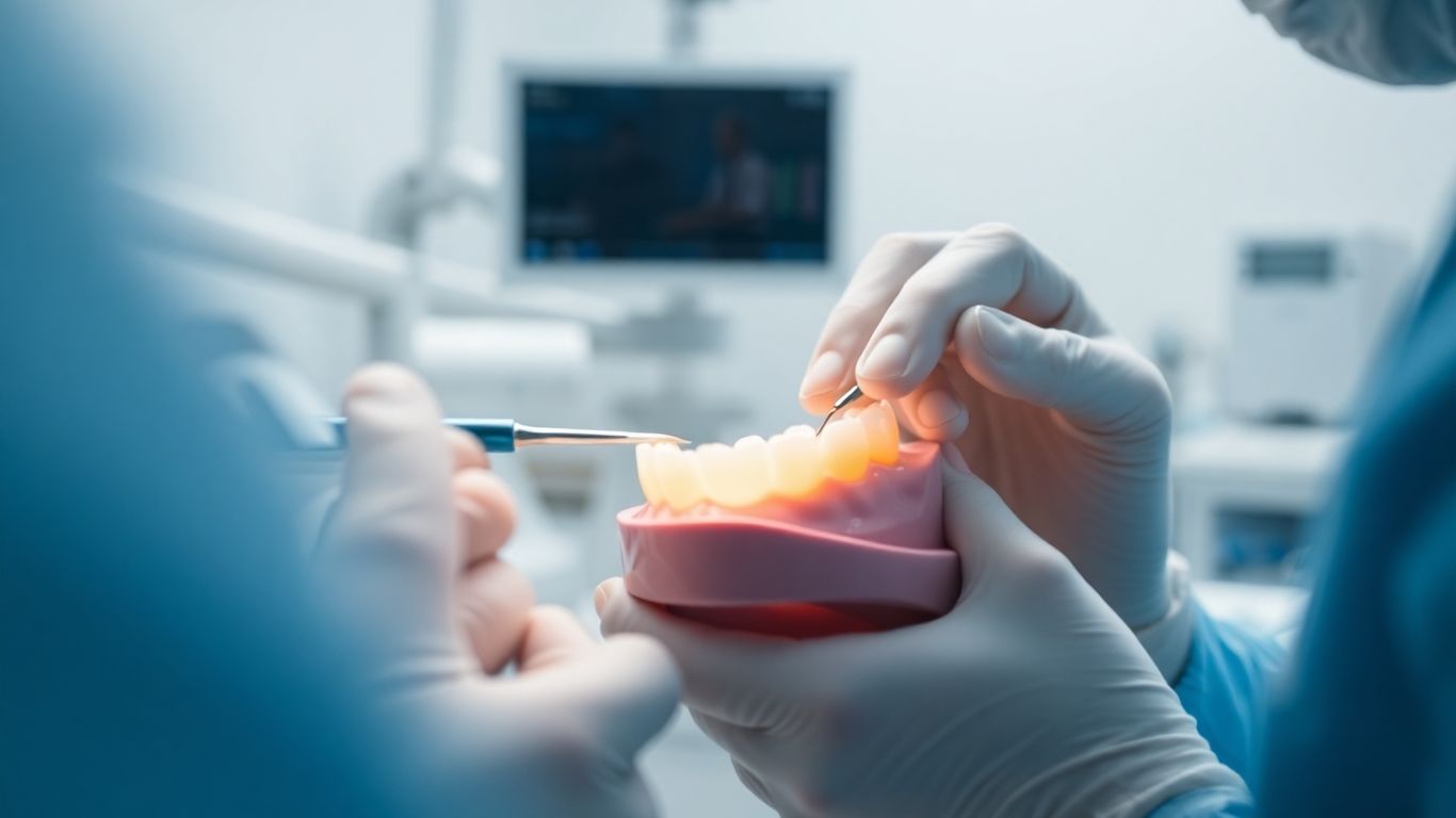Zahntechniker arbeitet an Zahnprothese im Labor