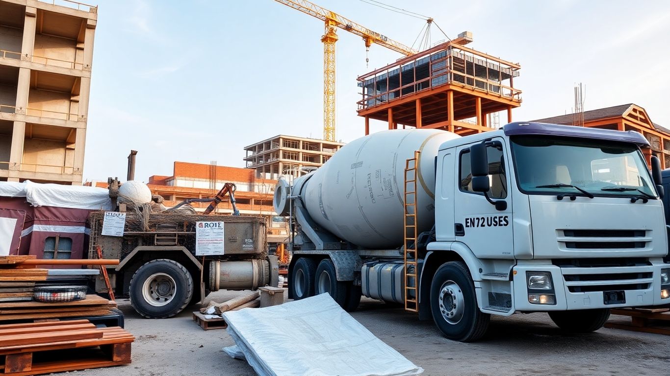 Betonbauer mit Material und Geräten auf Baustelle
