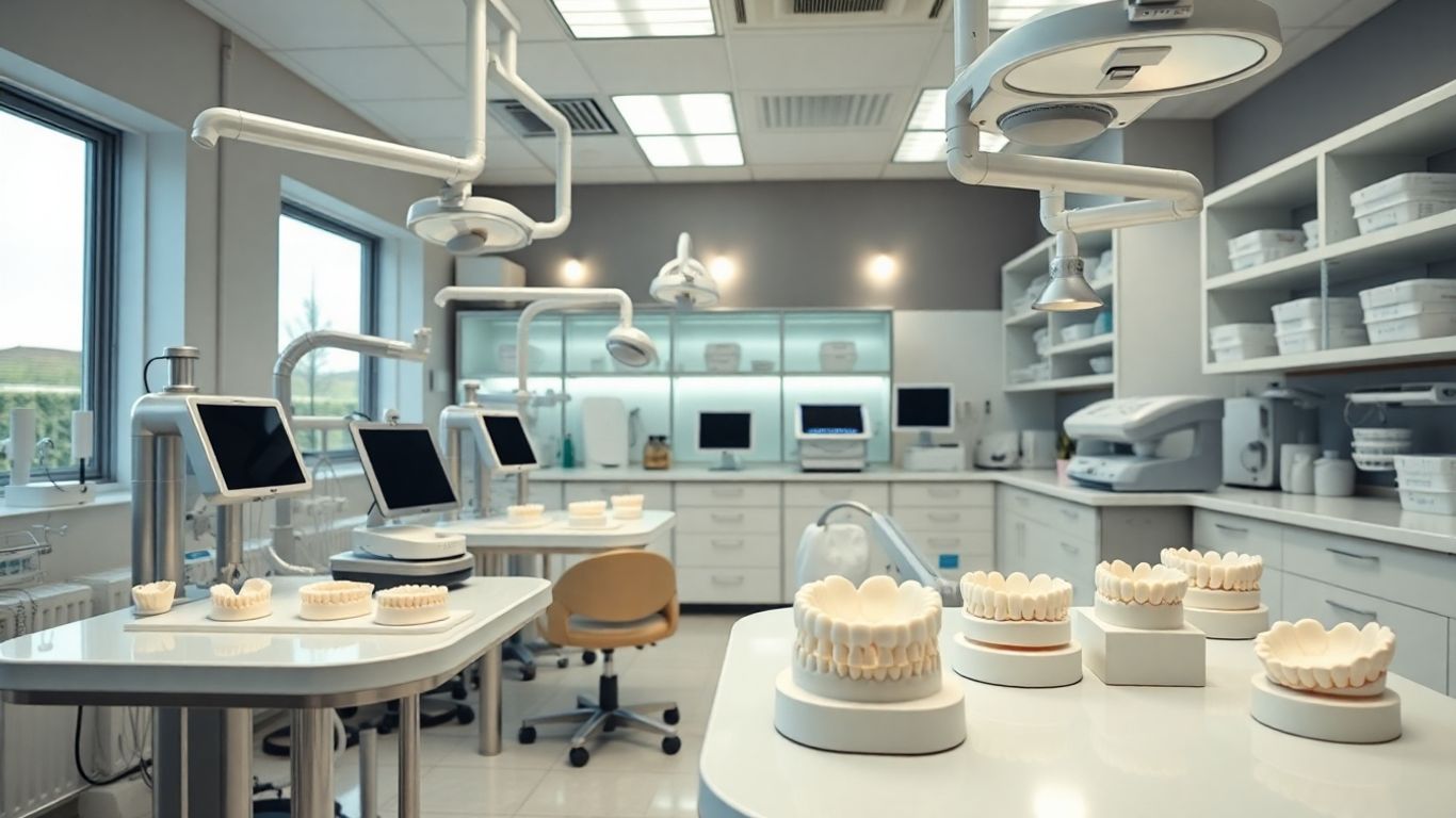 Modernes Dentallabor mit Präzisionswerkzeugen und Arbeitsplätzen.