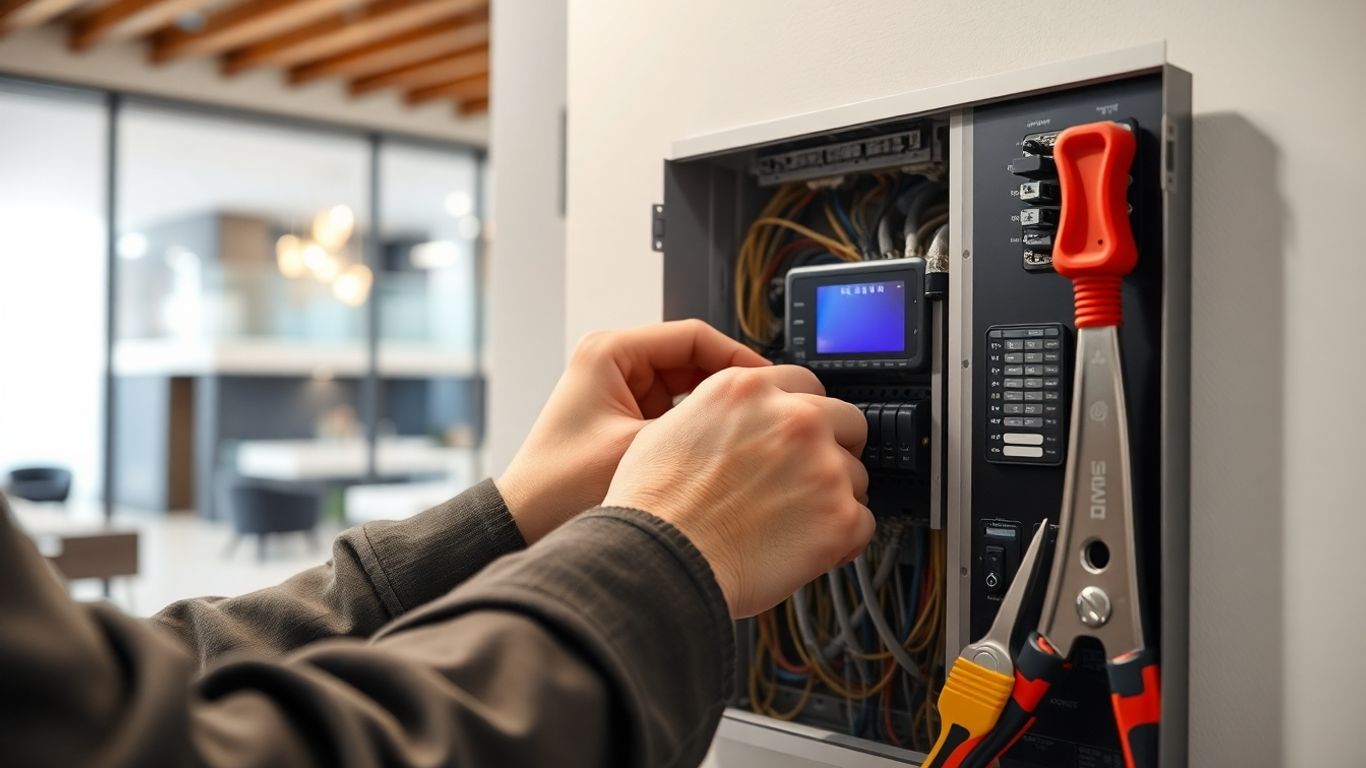 Elektriker arbeitet an Smart-Home-Technik mit Werkzeugen