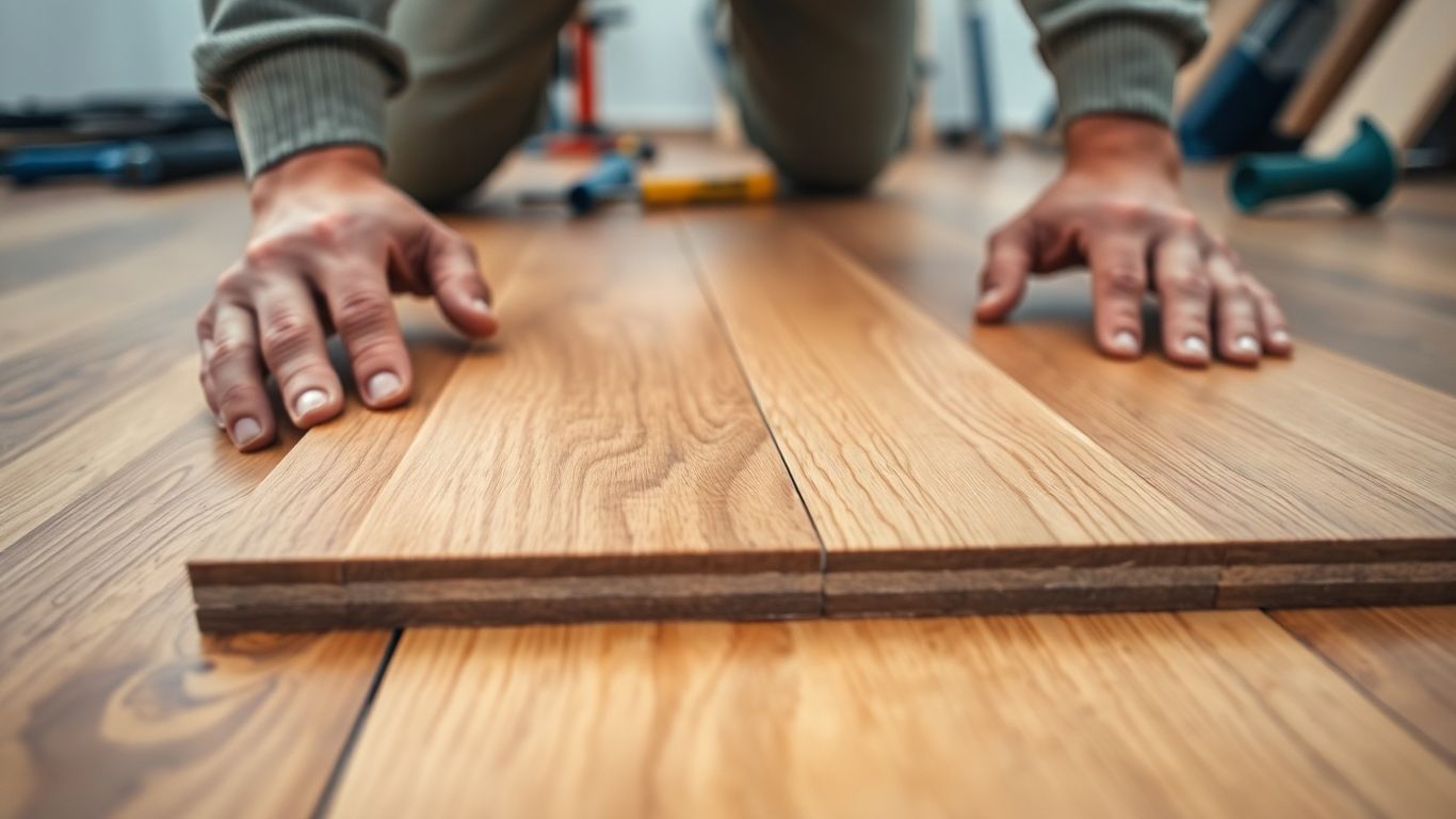 Hände legen Holzboden, Werkzeug im Hintergrund.