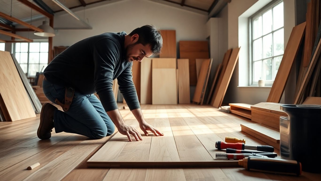 Bodenleger bei der Arbeit mit Werkzeugen und Materialien.