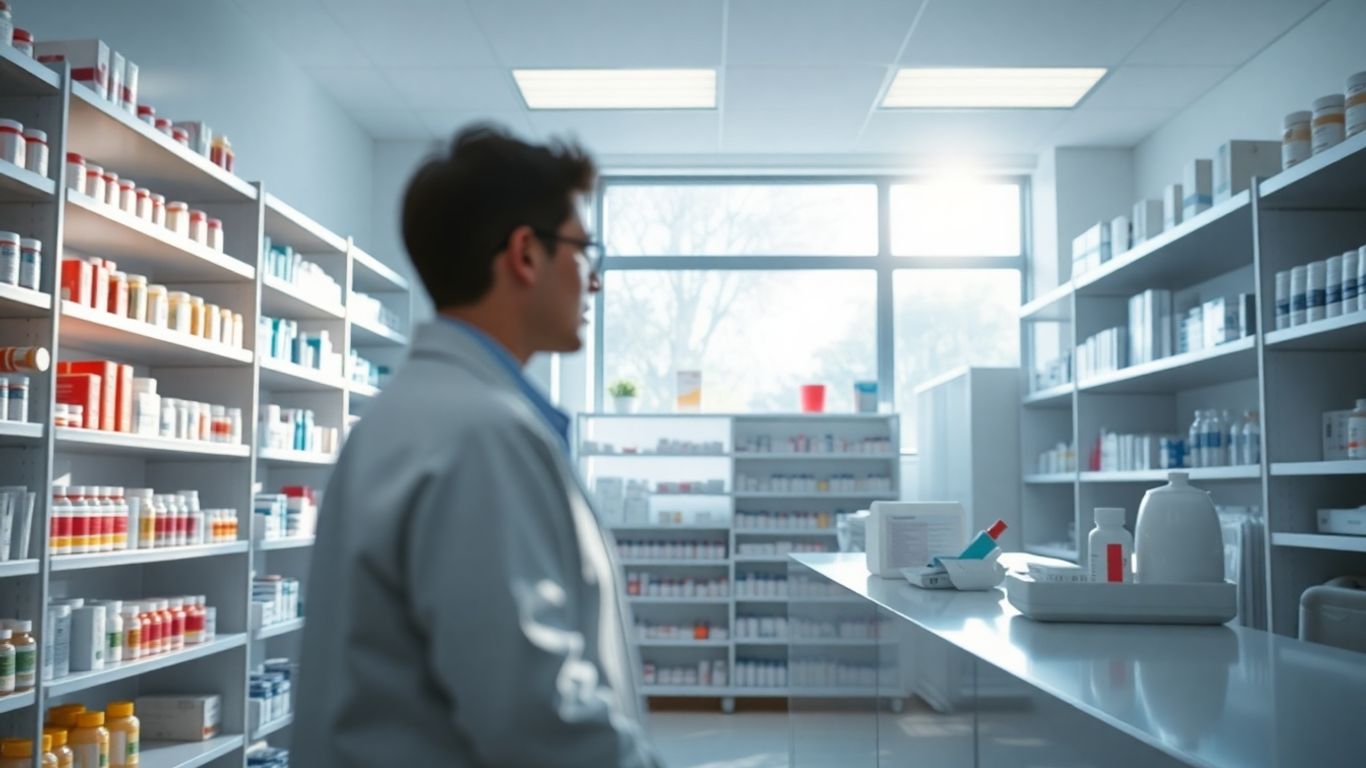 Krankenhausapotheke mit Medikamentenregalen und Apotheker