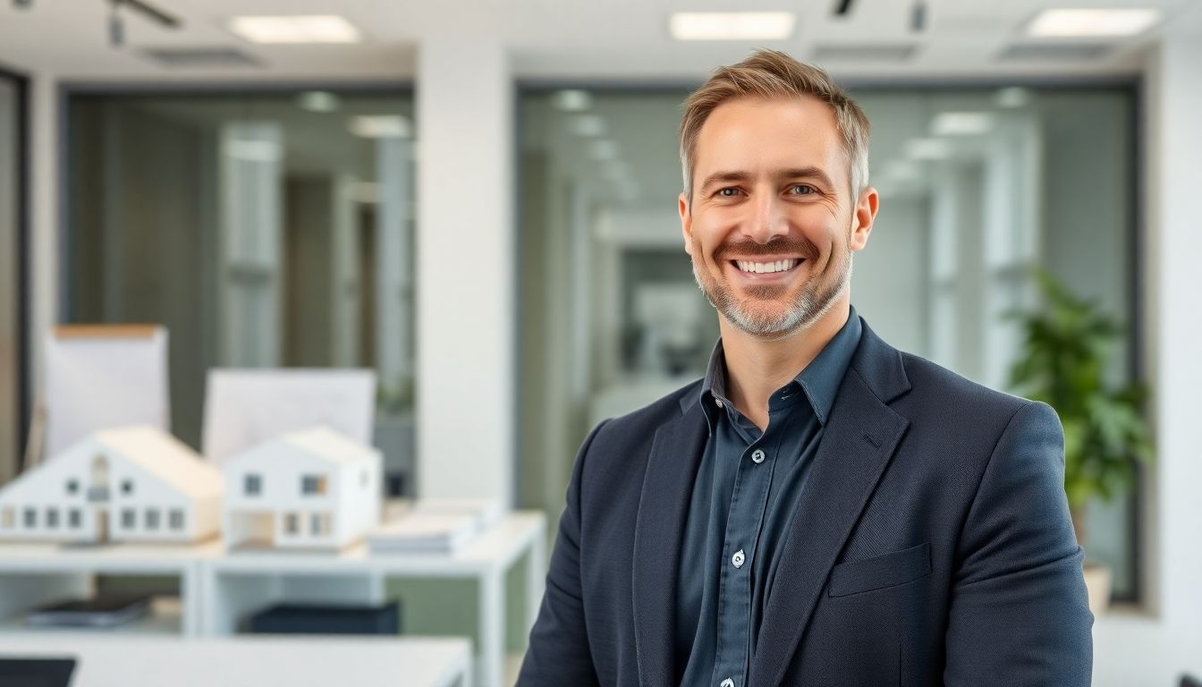 Smiling engineer in a bright office with blueprints.