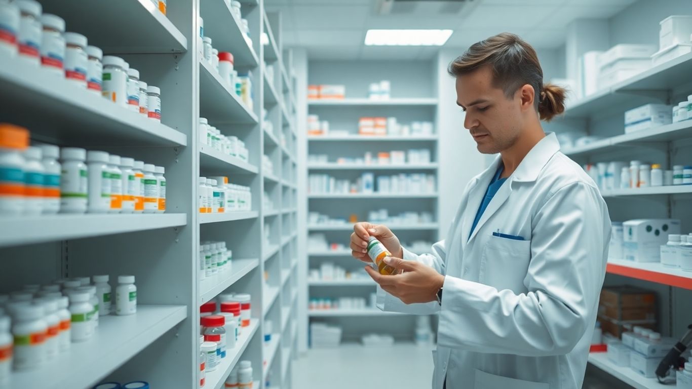 Krankenhausapotheke mit Medikamenten und Apotheker