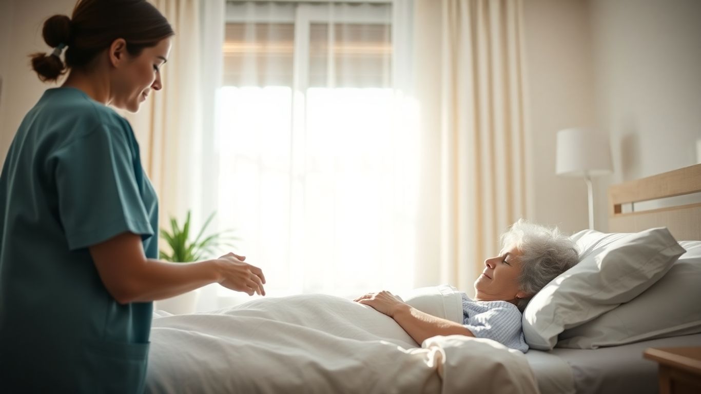 Hospiz-Pflegekraft hält Patientenhands in ruhiger Umgebung