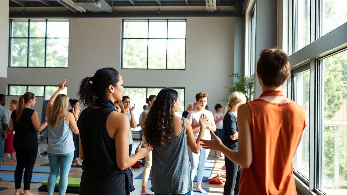 Gesundheitsakademie mit Menschen bei Wellness-Aktivitäten.
