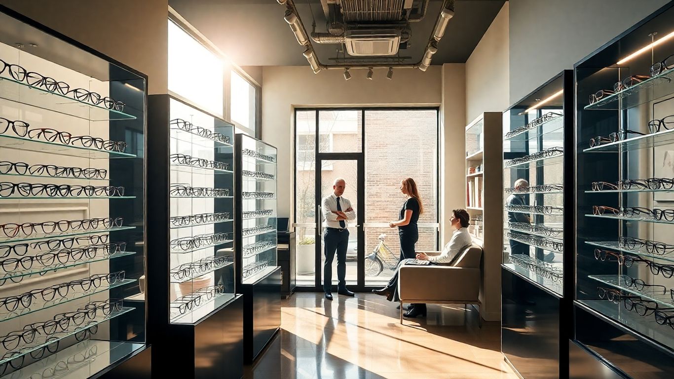 Innenansicht eines modernen Augenoptikergeschäfts mit Brillen.