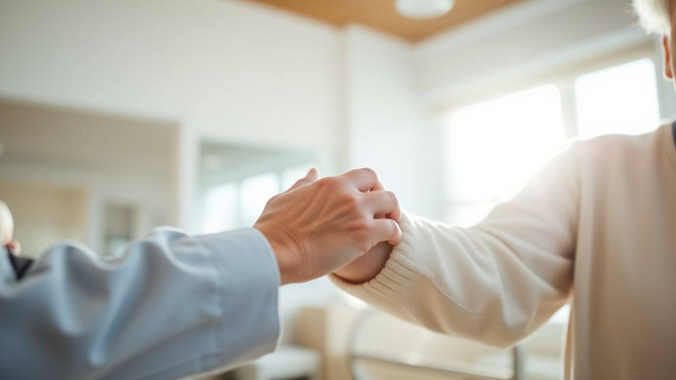 Sorgende Hand auf Arm eines älteren Menschen in Pflegeeinrichtung.