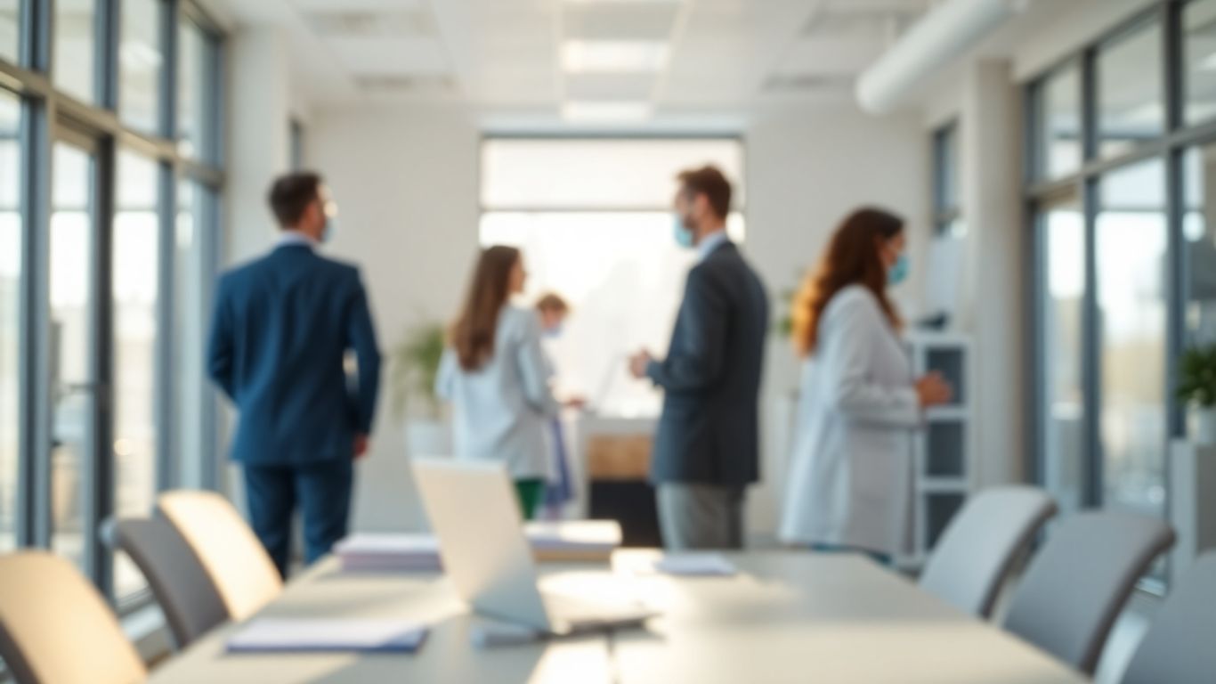 Gesundheitsamt Arbeitsplatz mit Personal und Technik