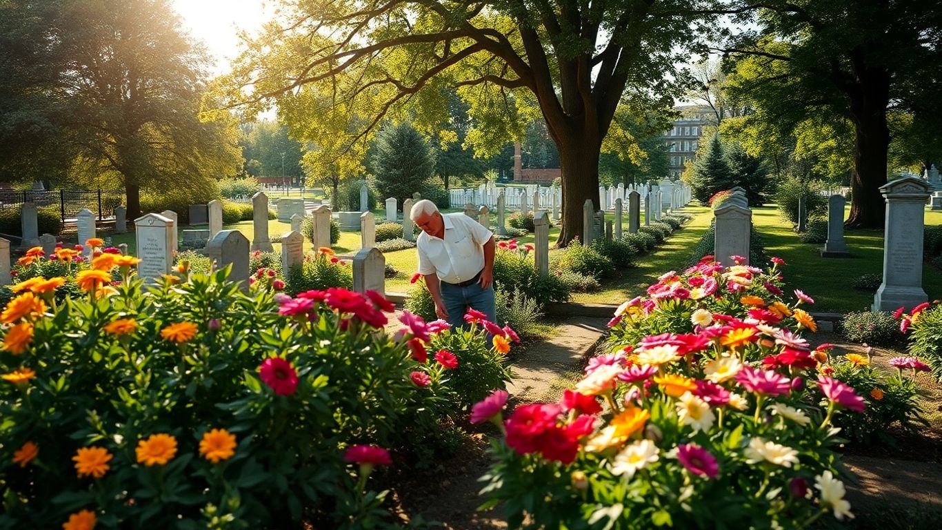 Friedhofsgärtner bei der Arbeit zwischen Grabsteinen und Blumen.