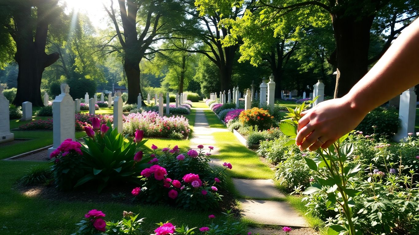 Friedhofsgärtner bei der Arbeit mit Blumen und Pflanzen