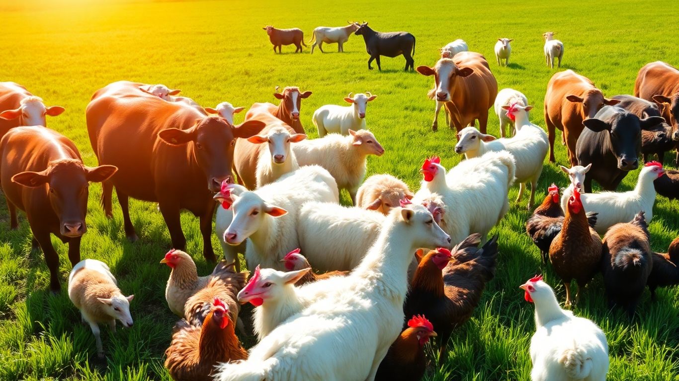 Bauernhof mit glücklichen Tieren auf grüner Wiese.